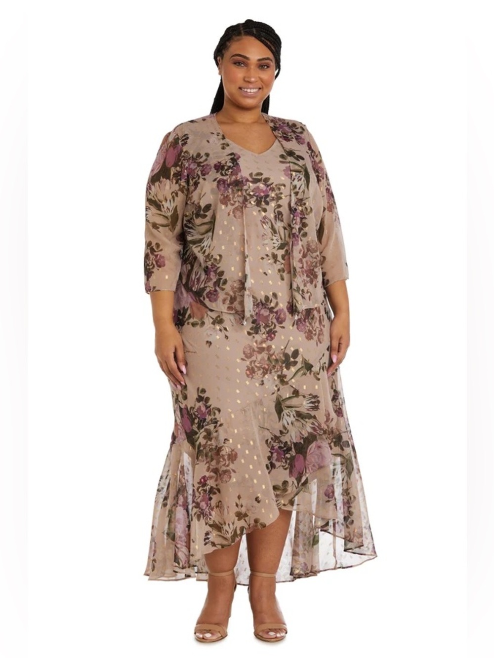 R&M Richards 2-Piece Chiffon Jacket Dress Floral Metallic Gold Foil High-Low 18W